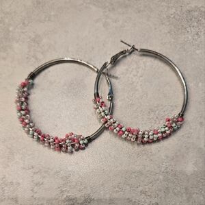 Silver Beaded Hoop Earrings